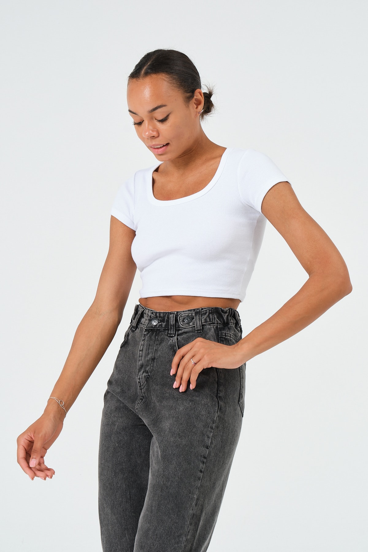 Kadın Sax Mavi U Yaka Kısa Kollu Crop Bluz