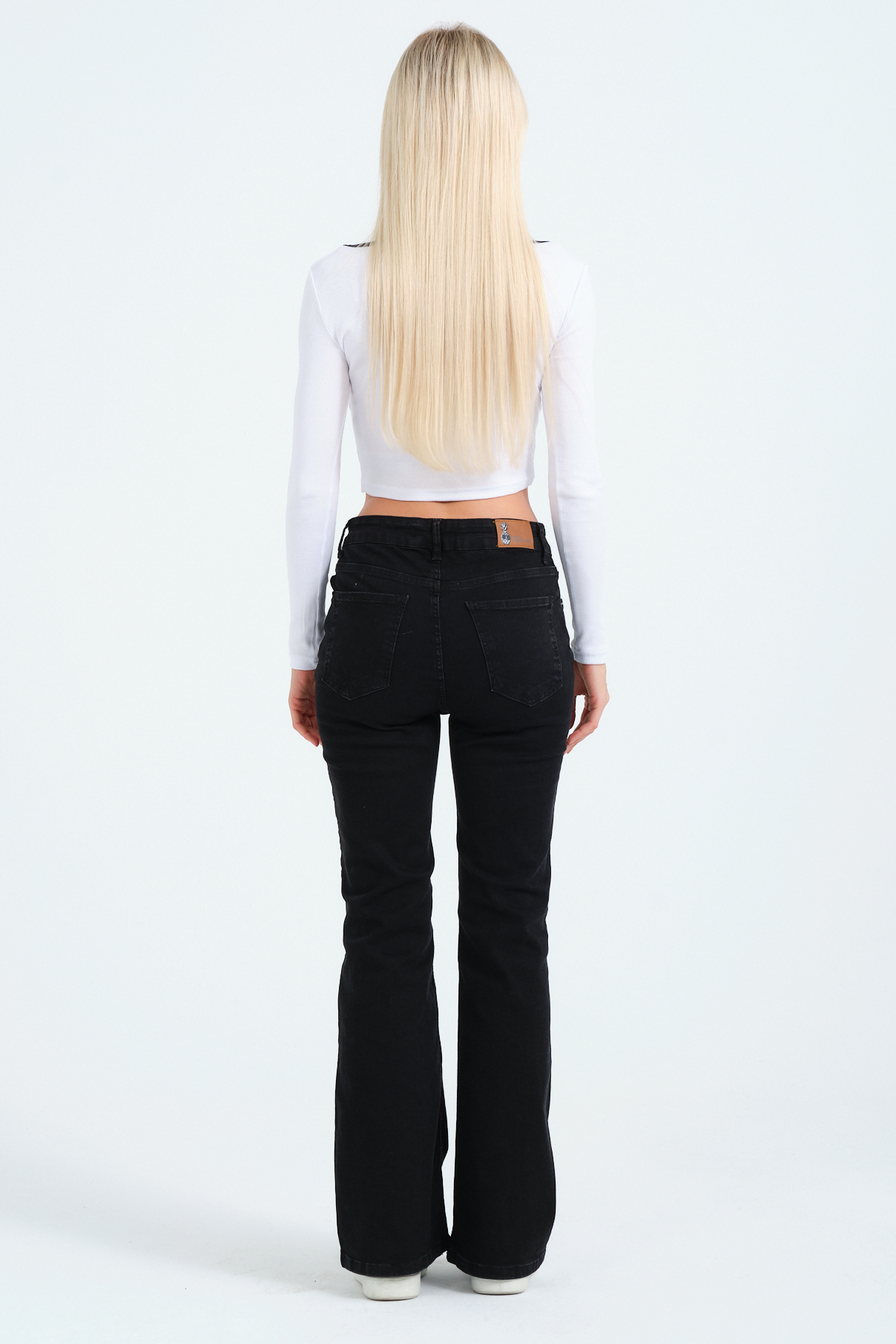 Kadın Beyaz, Derin Kare Yaka, Uzun Kollu, Yaka Renk Detaylı, Crop, Bluz