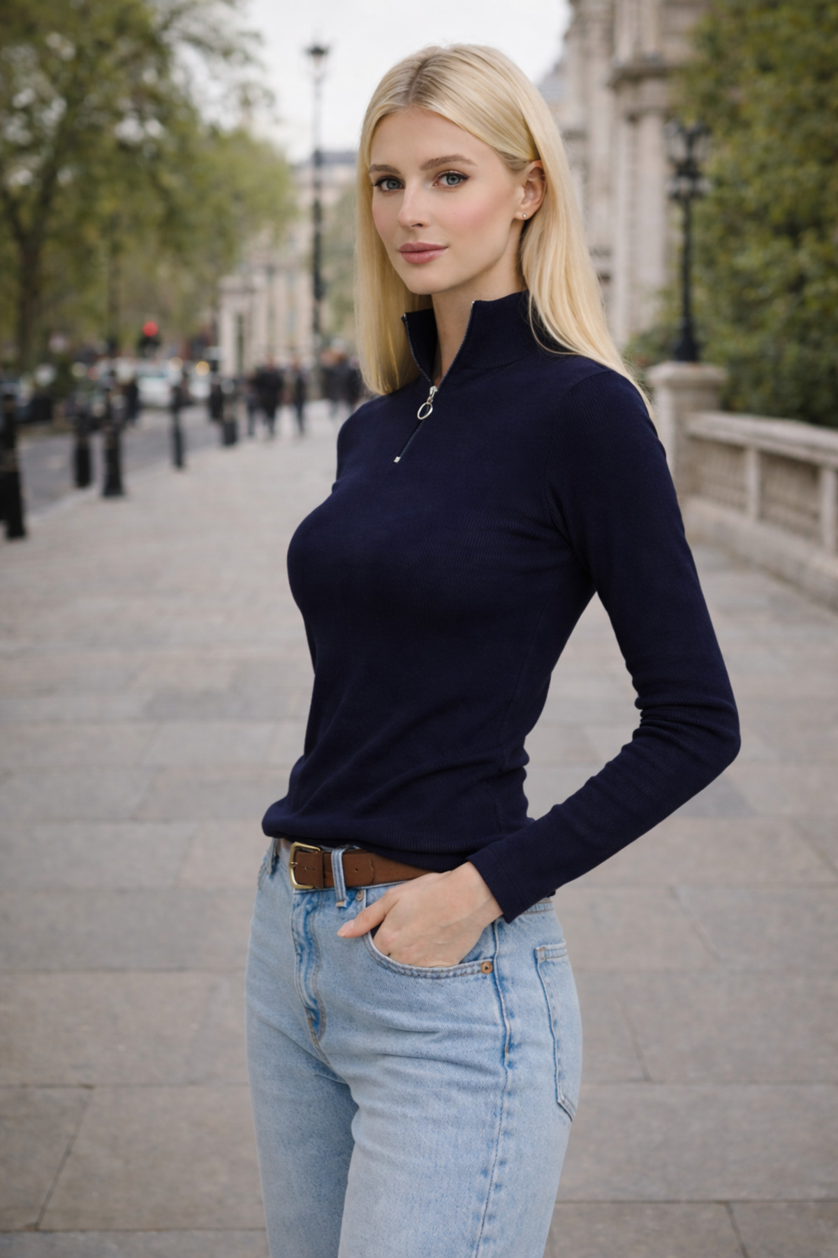 Kadın Lacivert Fermuarlı Yaka Uzun Kollu Örme Bluz