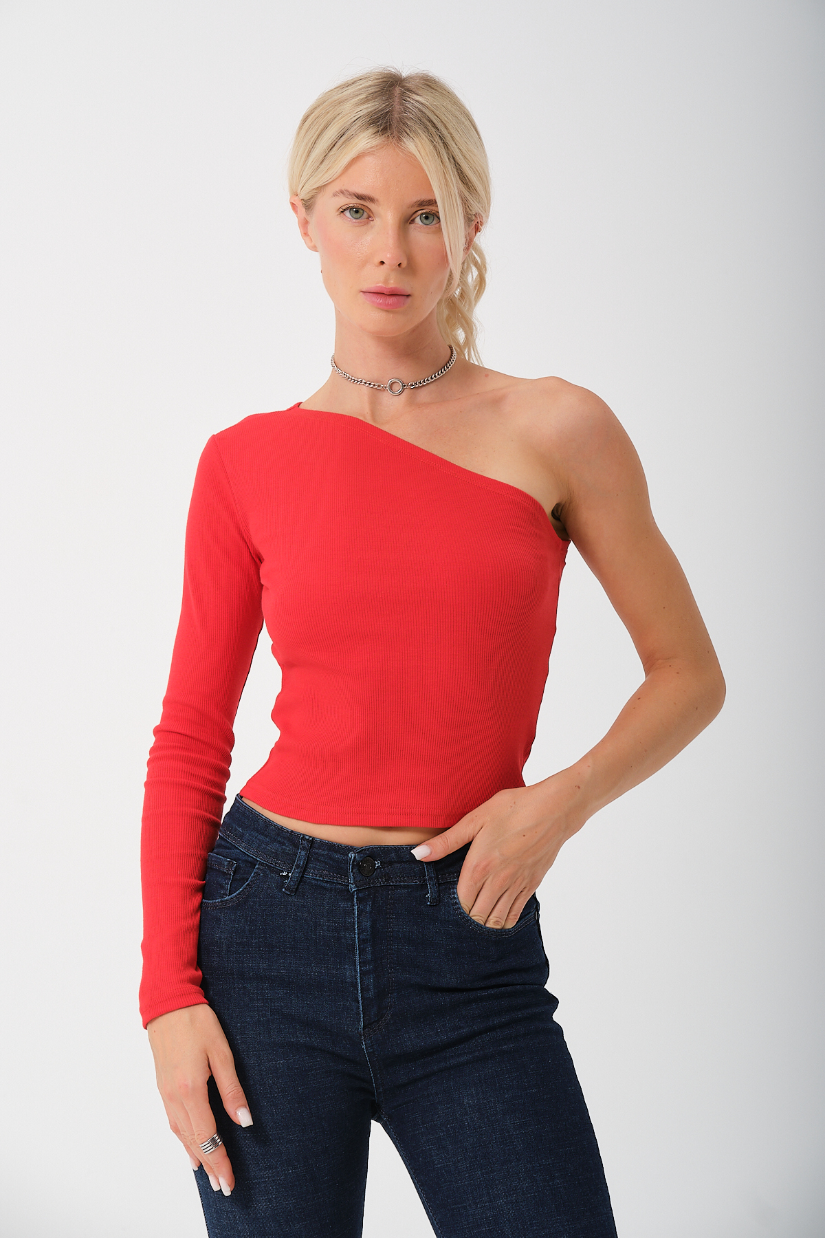 Kadın Kırmızı Tek Kollu Örme Bluz