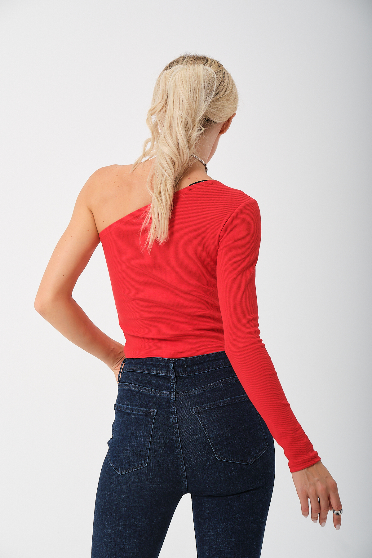 Kadın Kırmızı Tek Kollu Örme Bluz