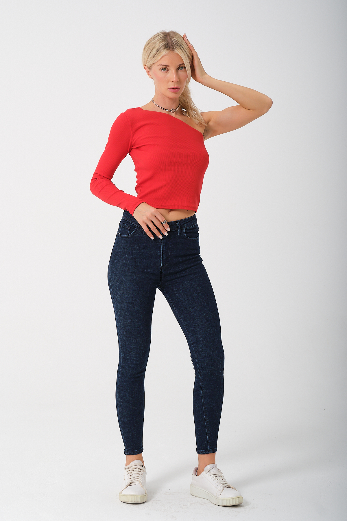 Kadın Kırmızı Tek Kollu Örme Bluz