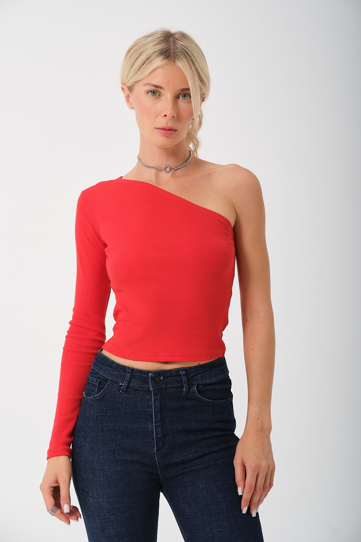 Kadın Kırmızı Tek Kollu Örme Bluz