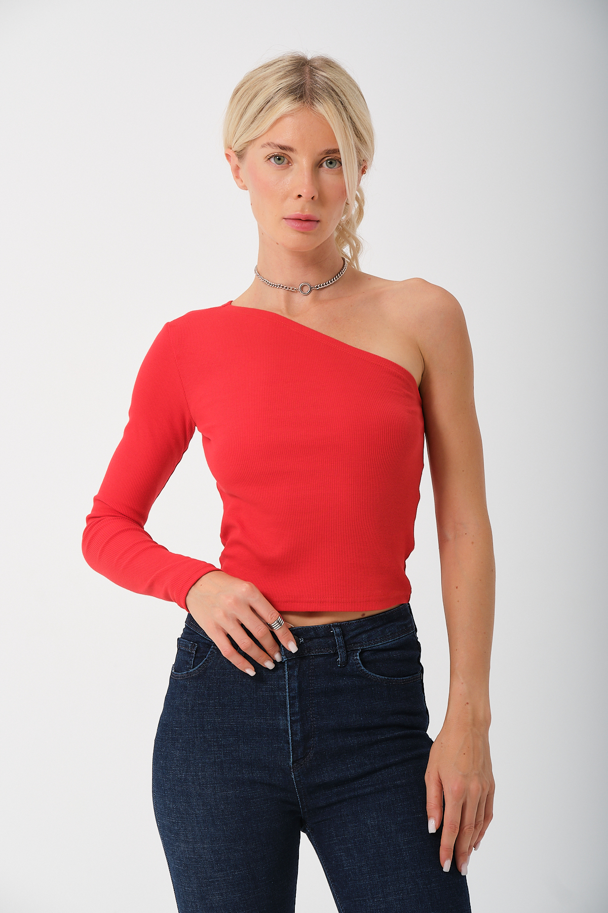 Kadın Kırmızı Tek Kollu Örme Bluz