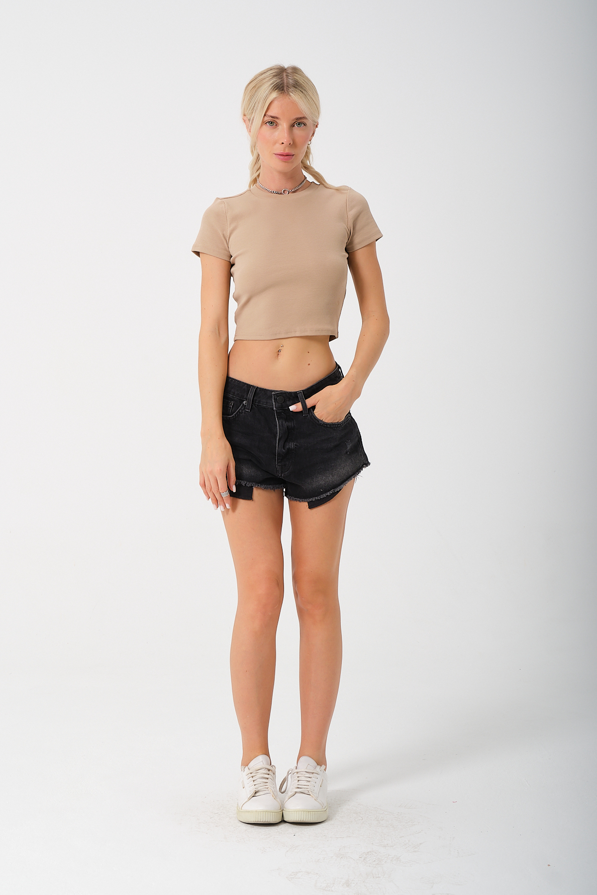 Kadın Bej Bisiklet Yaka Kısa Kollu Crop Basic Bluz