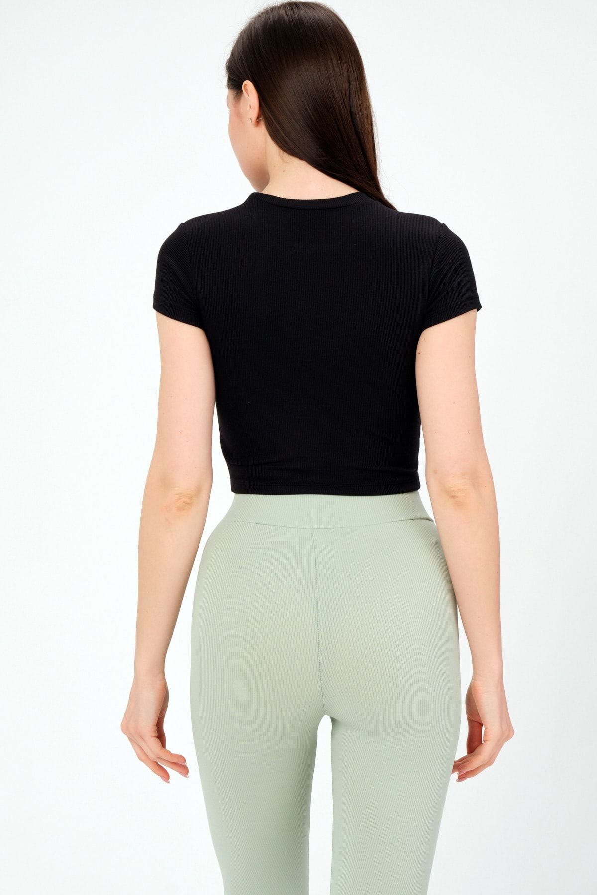 Kadın Bej Bisiklet Yaka Kısa Kollu Crop Basic Bluz