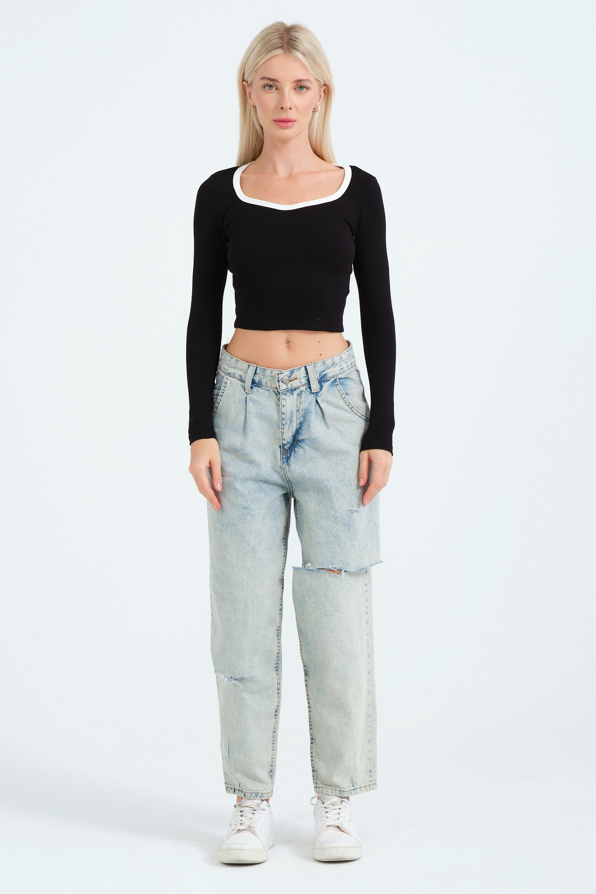 Kadın Beyaz, Derin Kare Yaka, Uzun Kollu, Yaka Renk Detaylı, Crop, Bluz