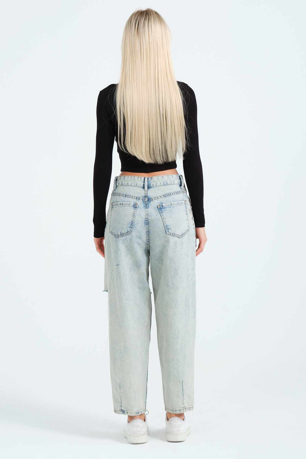 Kadın Beyaz, Derin Kare Yaka, Uzun Kollu, Yaka Renk Detaylı, Crop, Bluz