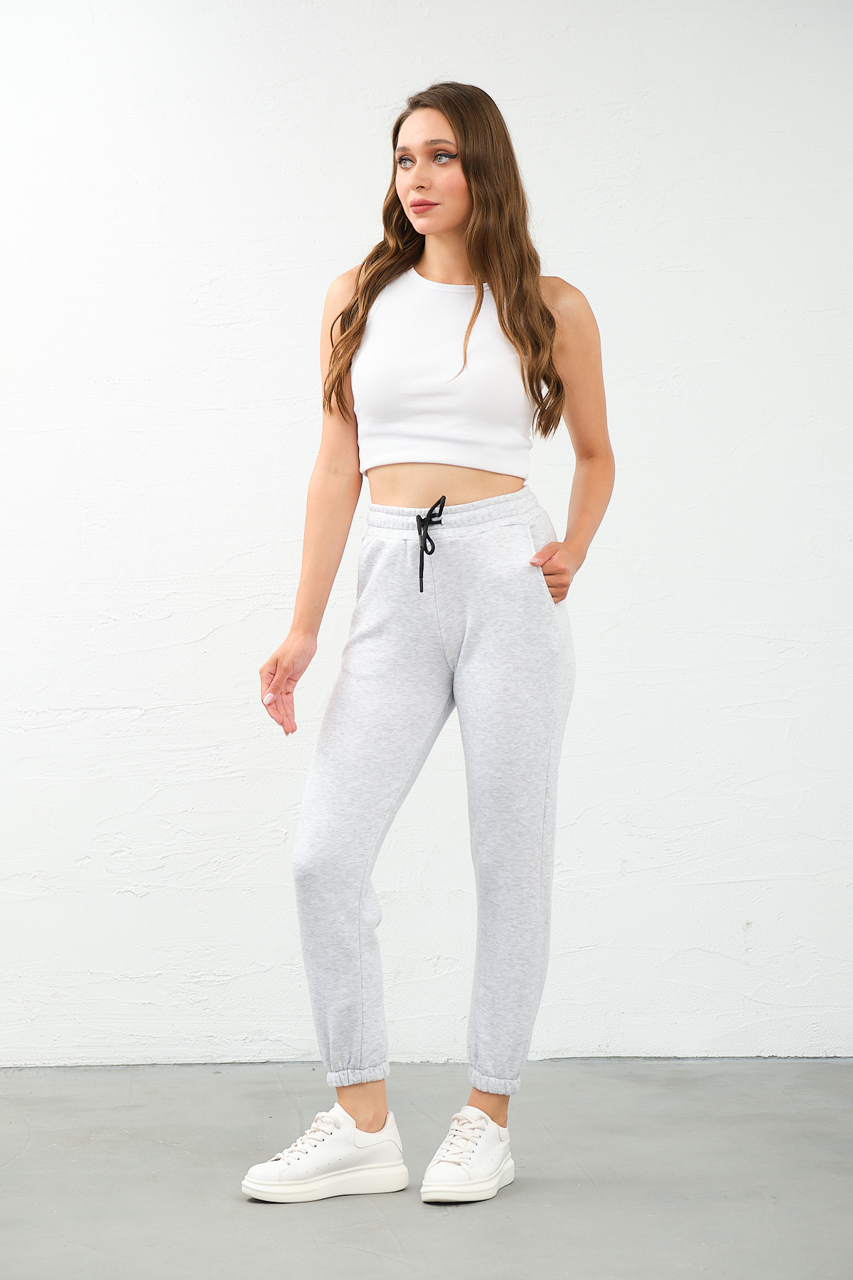 Kadın Gri Yüksek Bel, Jogger, Cepli Eşofman Altı