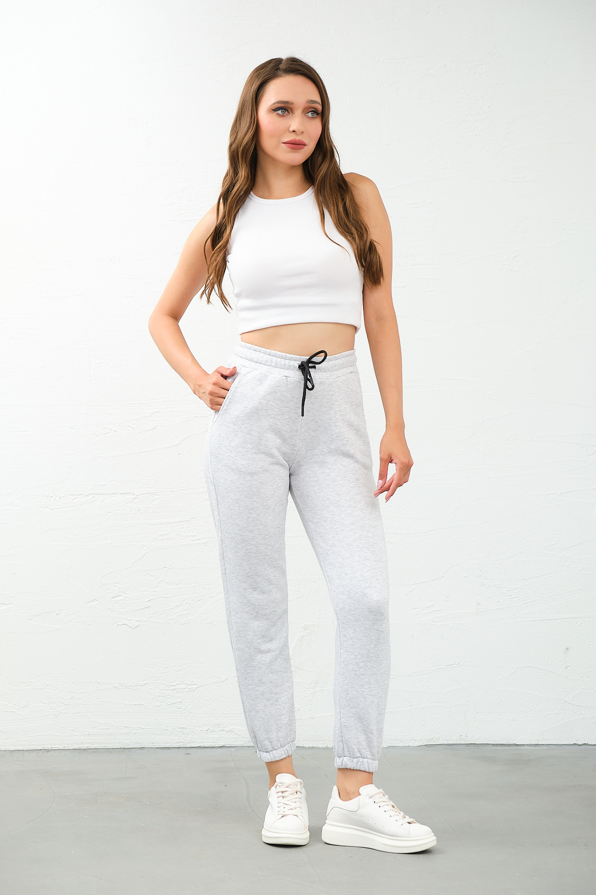 Kadın Gri Yüksek Bel, Jogger, Cepli Eşofman Altı