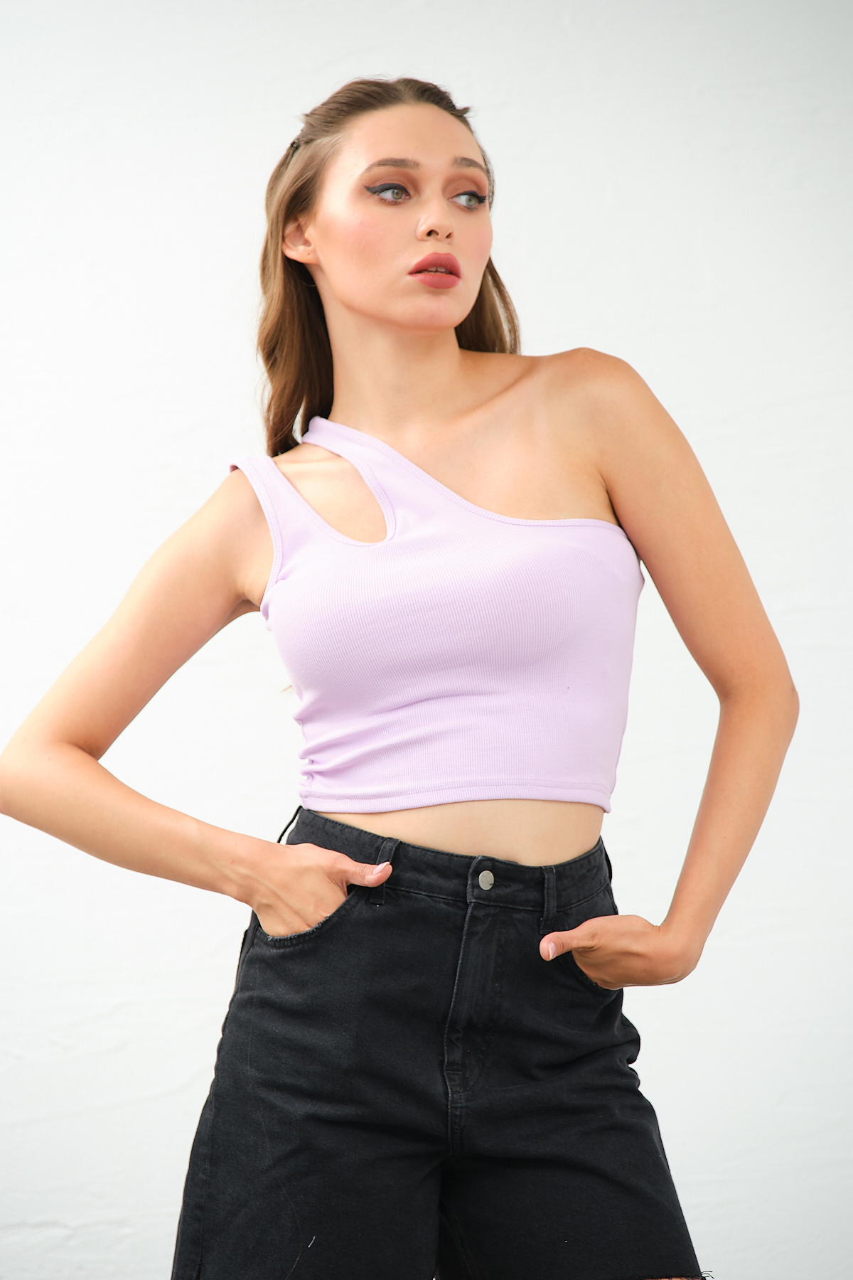 Kadın Lila Tek Omuz Cut Out Detaylı Crop Top Bluz