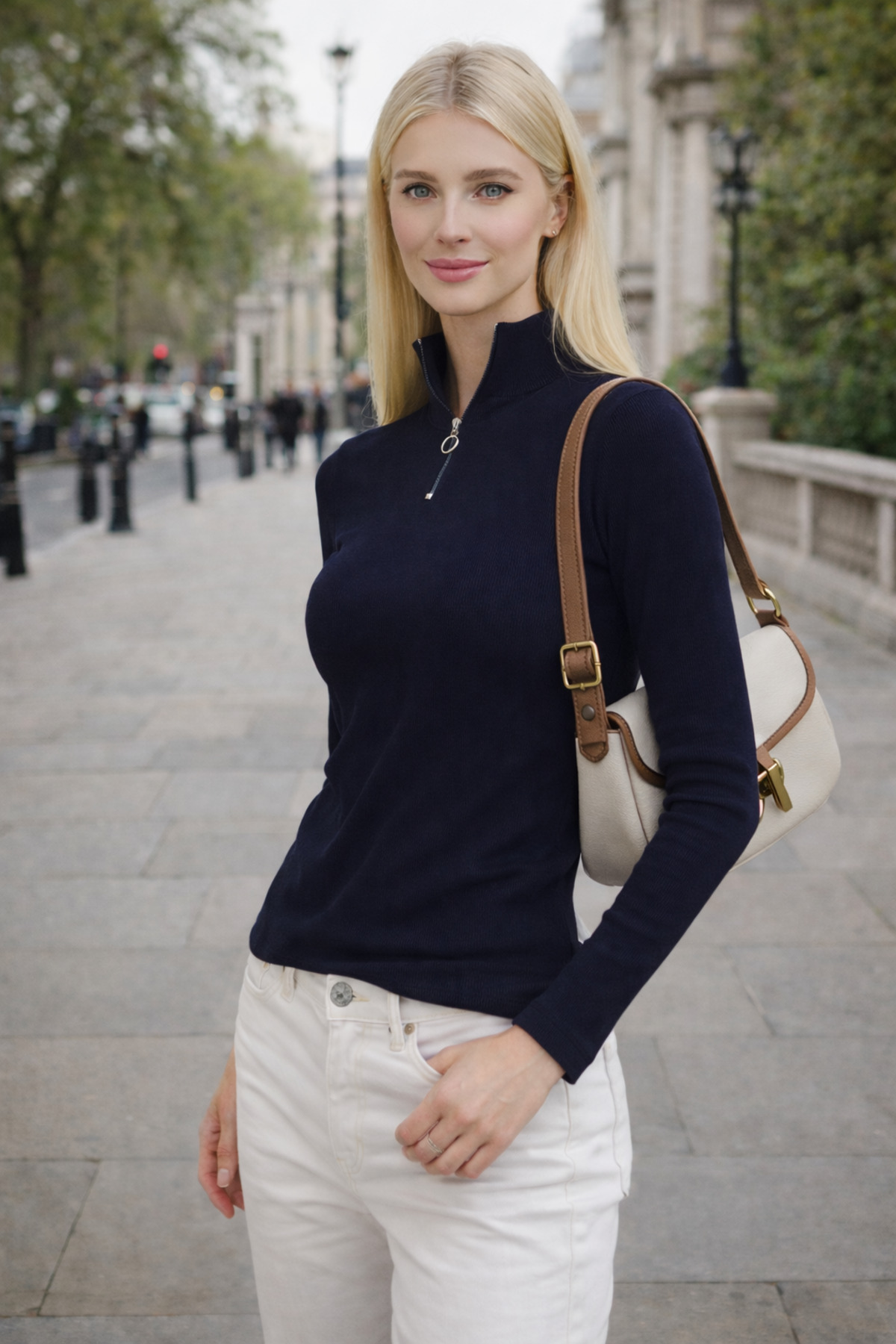 Kadın Lacivert Fermuarlı Yaka Uzun Kollu Örme Bluz