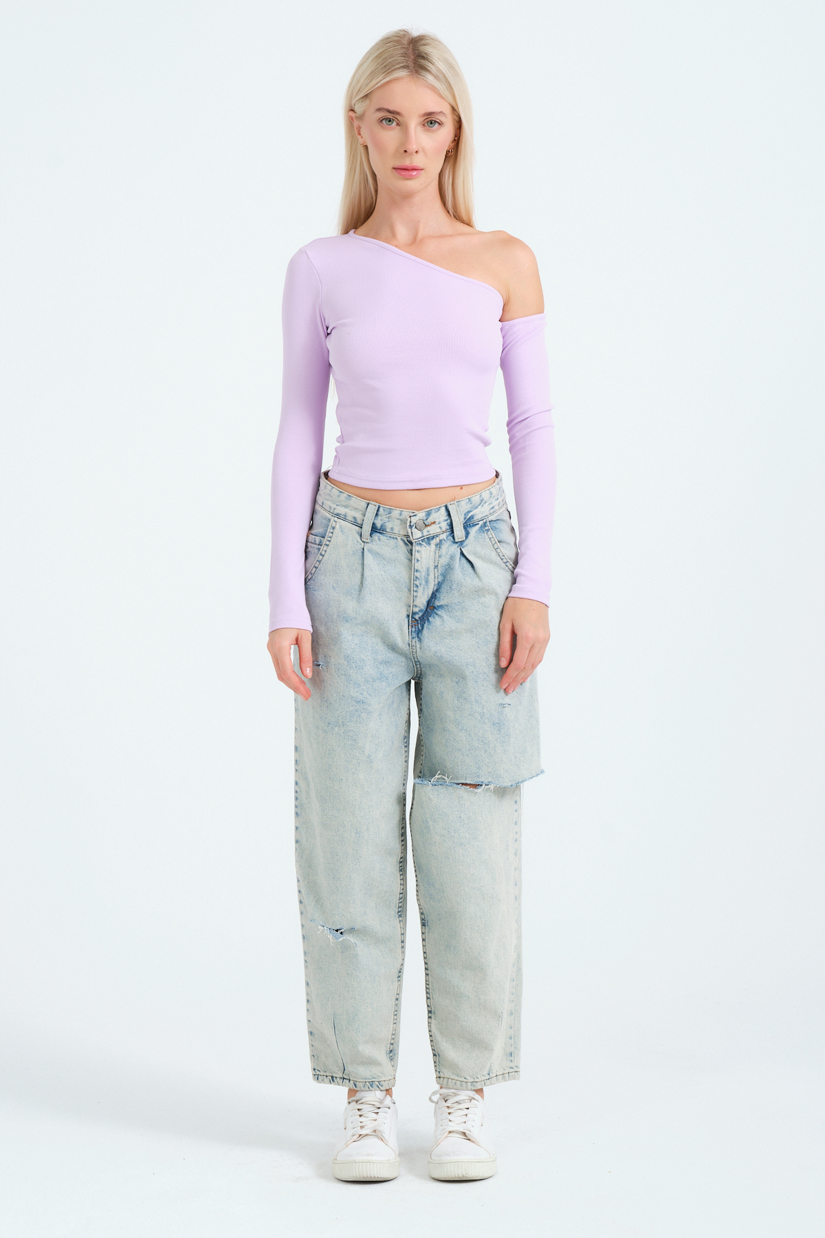 Kadın Beyaz Açık Omuzlu Fitilli Örme Bluz