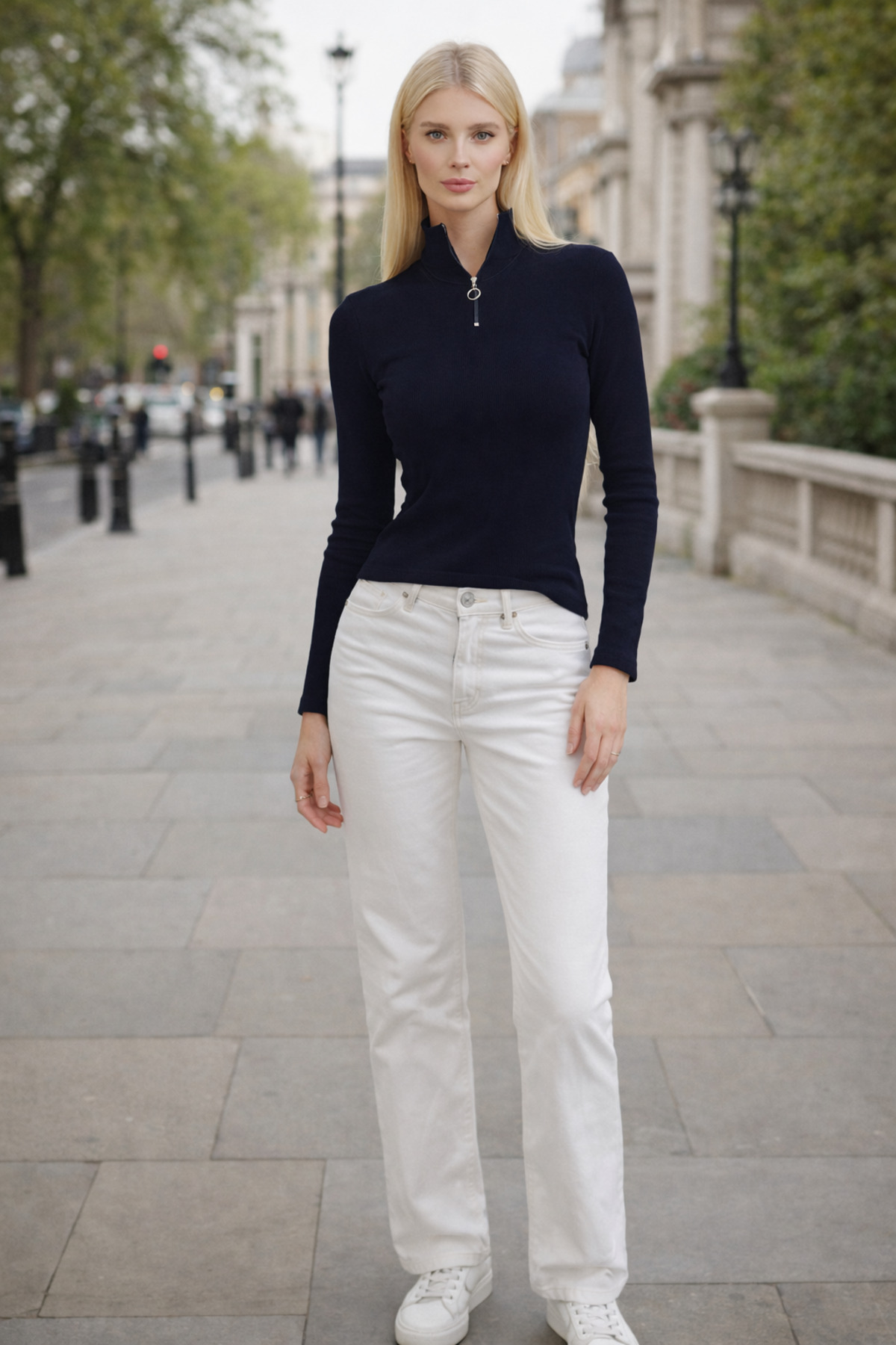 Kadın Lacivert Fermuarlı Yaka Uzun Kollu Örme Bluz