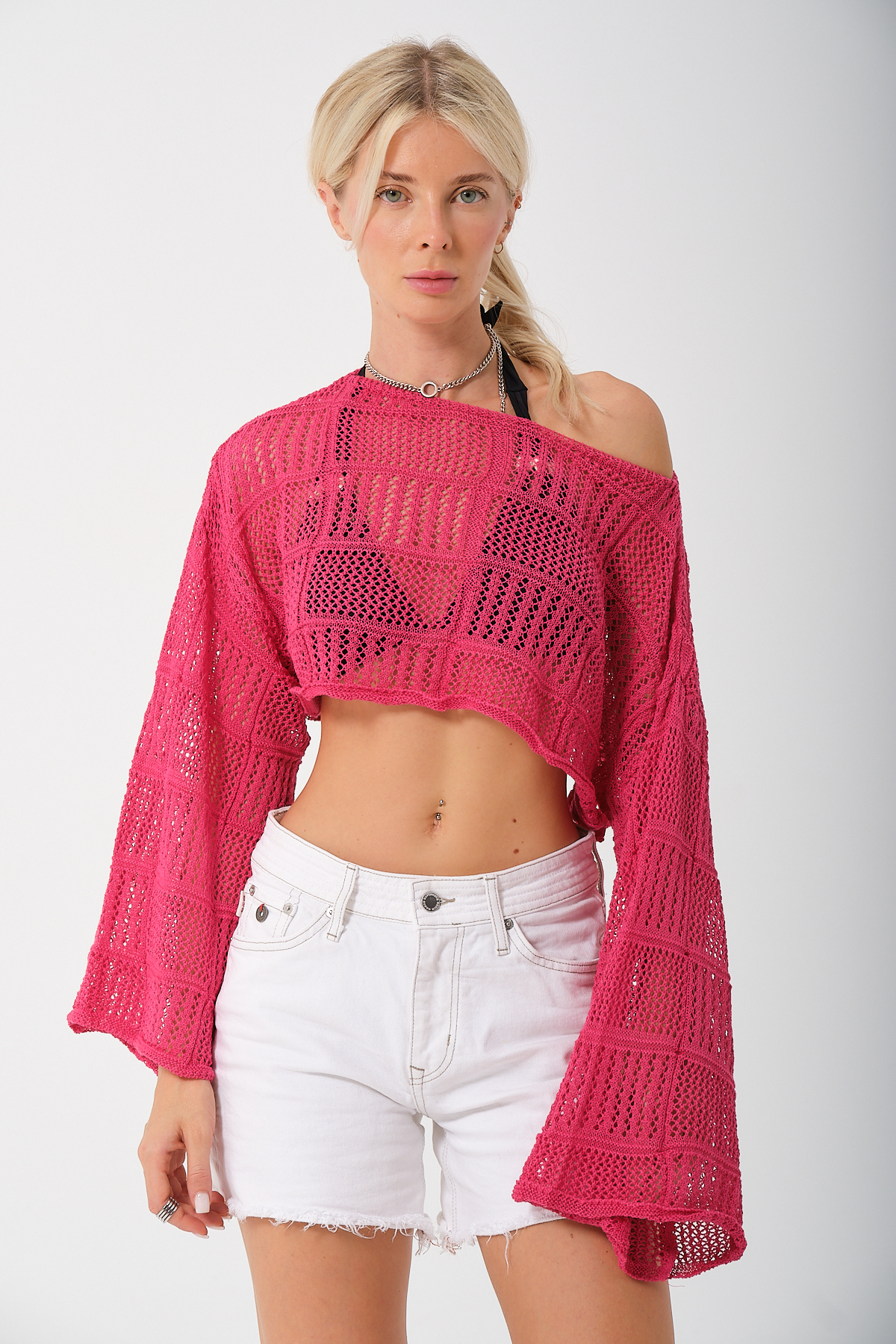 Kadın Fuşya İspanyol Kol Crop Triko Bluz