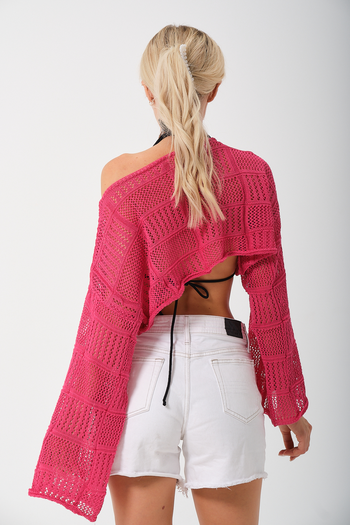 Kadın Fuşya İspanyol Kol Crop Triko Bluz