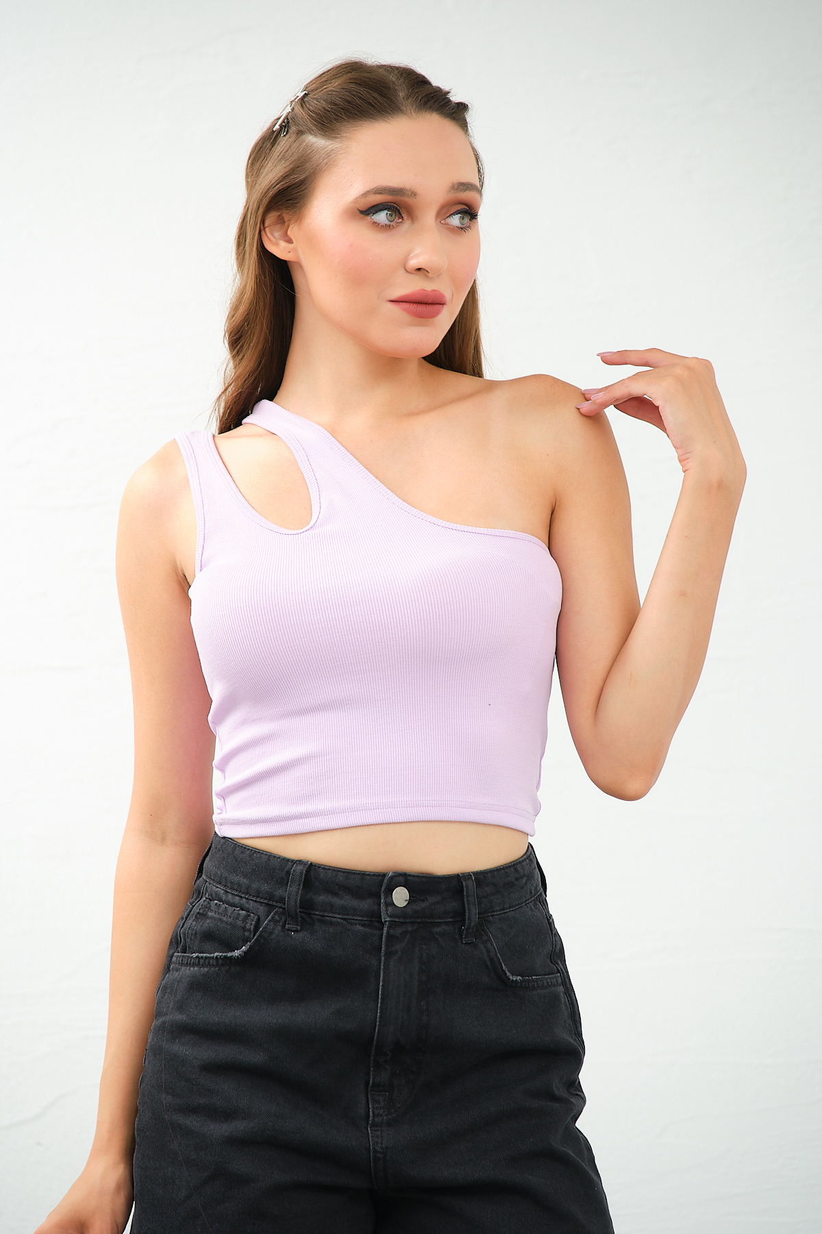 Kadın Lila Tek Omuz Cut Out Detaylı Crop Top Bluz