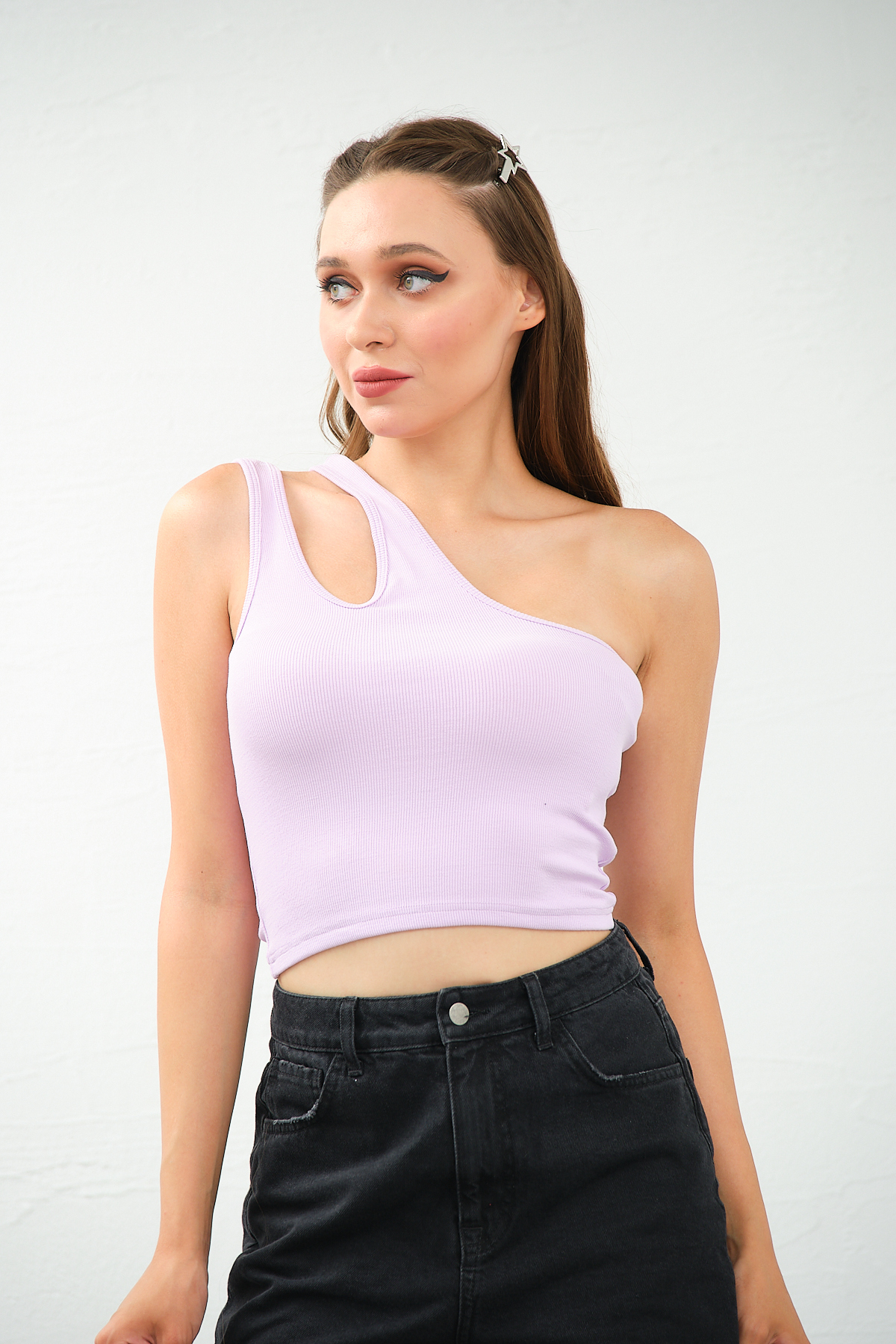 Kadın Lila Tek Omuz Cut Out Detaylı Crop Top Bluz