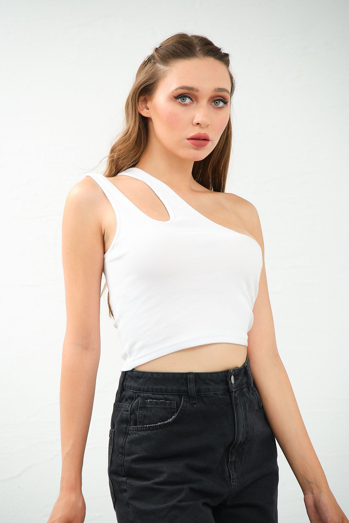 Kadın Lila Tek Omuz Cut Out Detaylı Crop Top Bluz