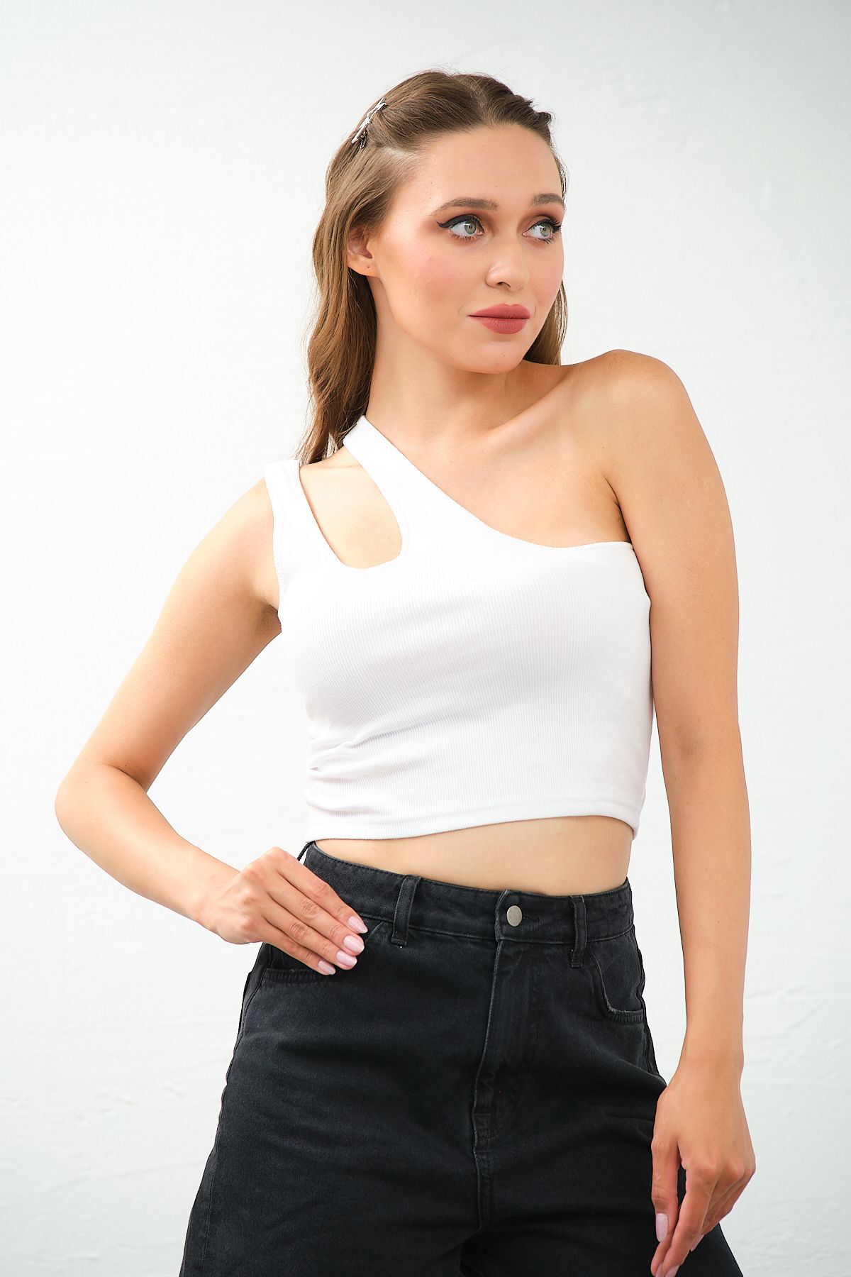 Kadın Lila Tek Omuz Cut Out Detaylı Crop Top Bluz