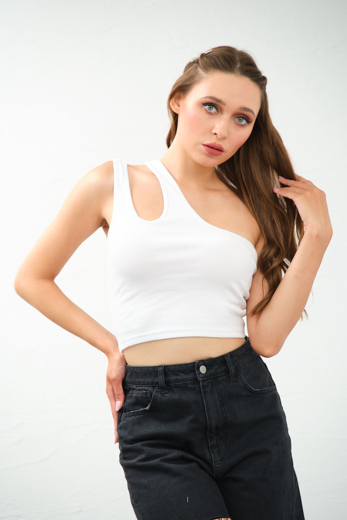 Kadın Lila Tek Omuz Cut Out Detaylı Crop Top Bluz