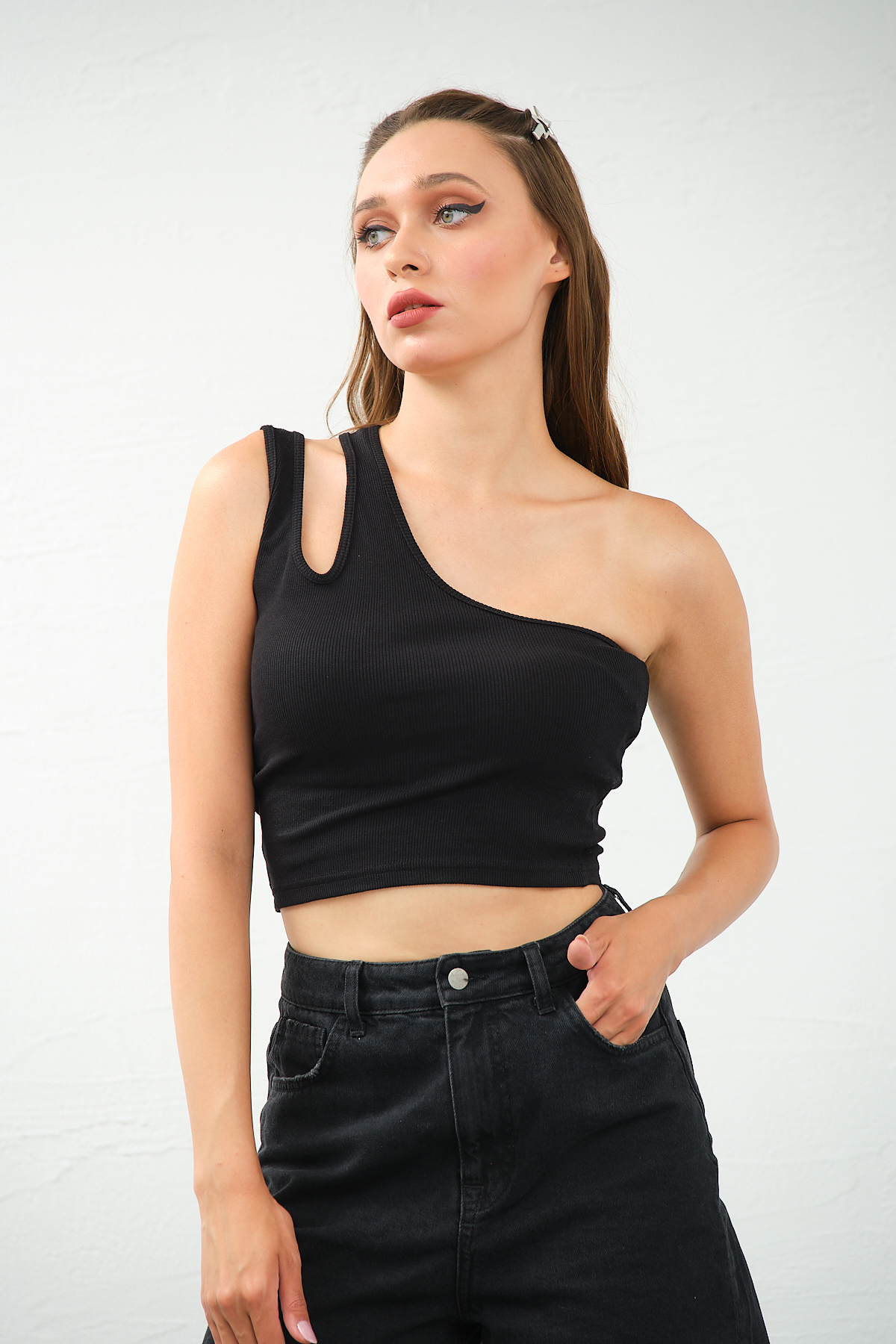 Kadın Lila Tek Omuz Cut Out Detaylı Crop Top Bluz