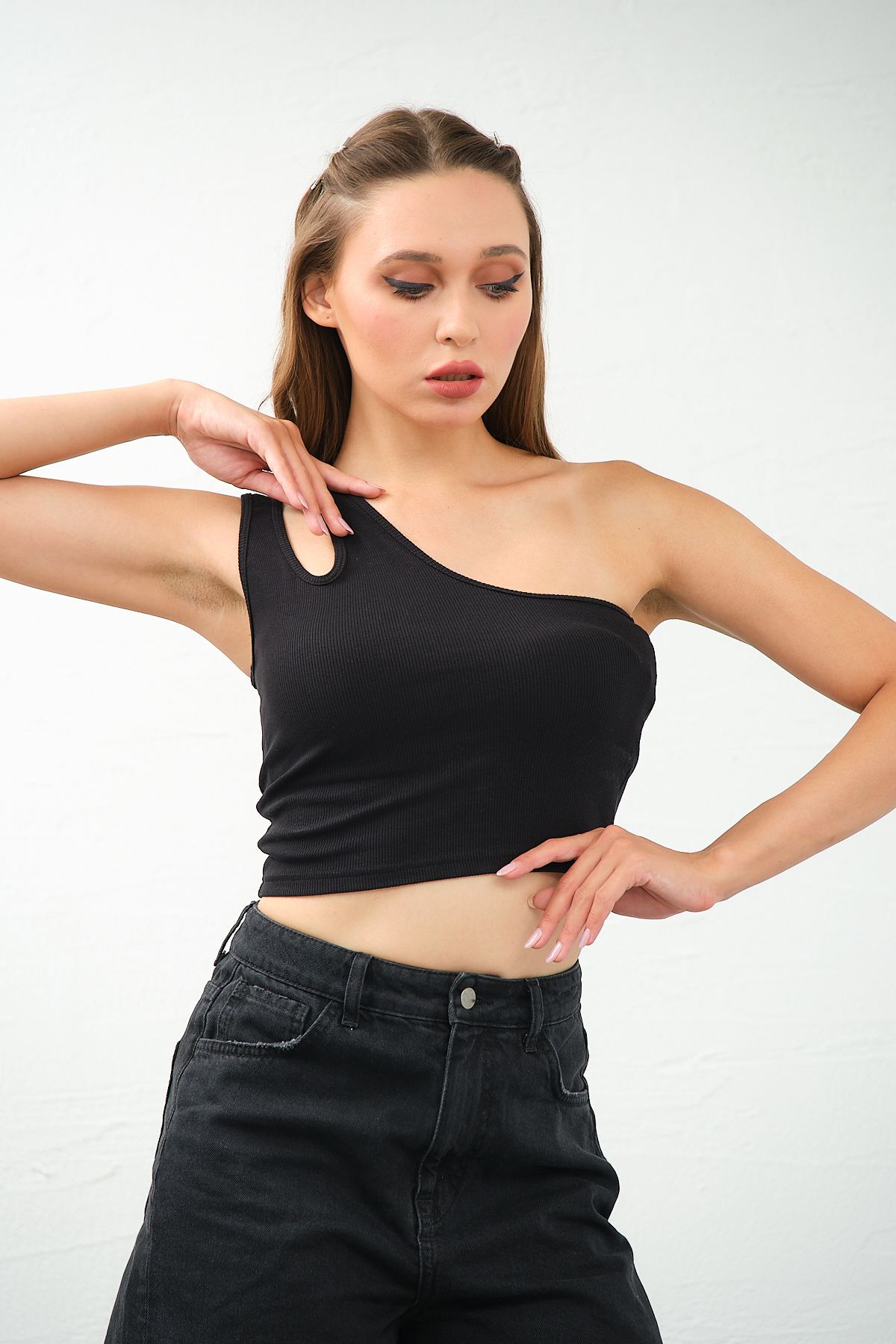 Kadın Lila Tek Omuz Cut Out Detaylı Crop Top Bluz