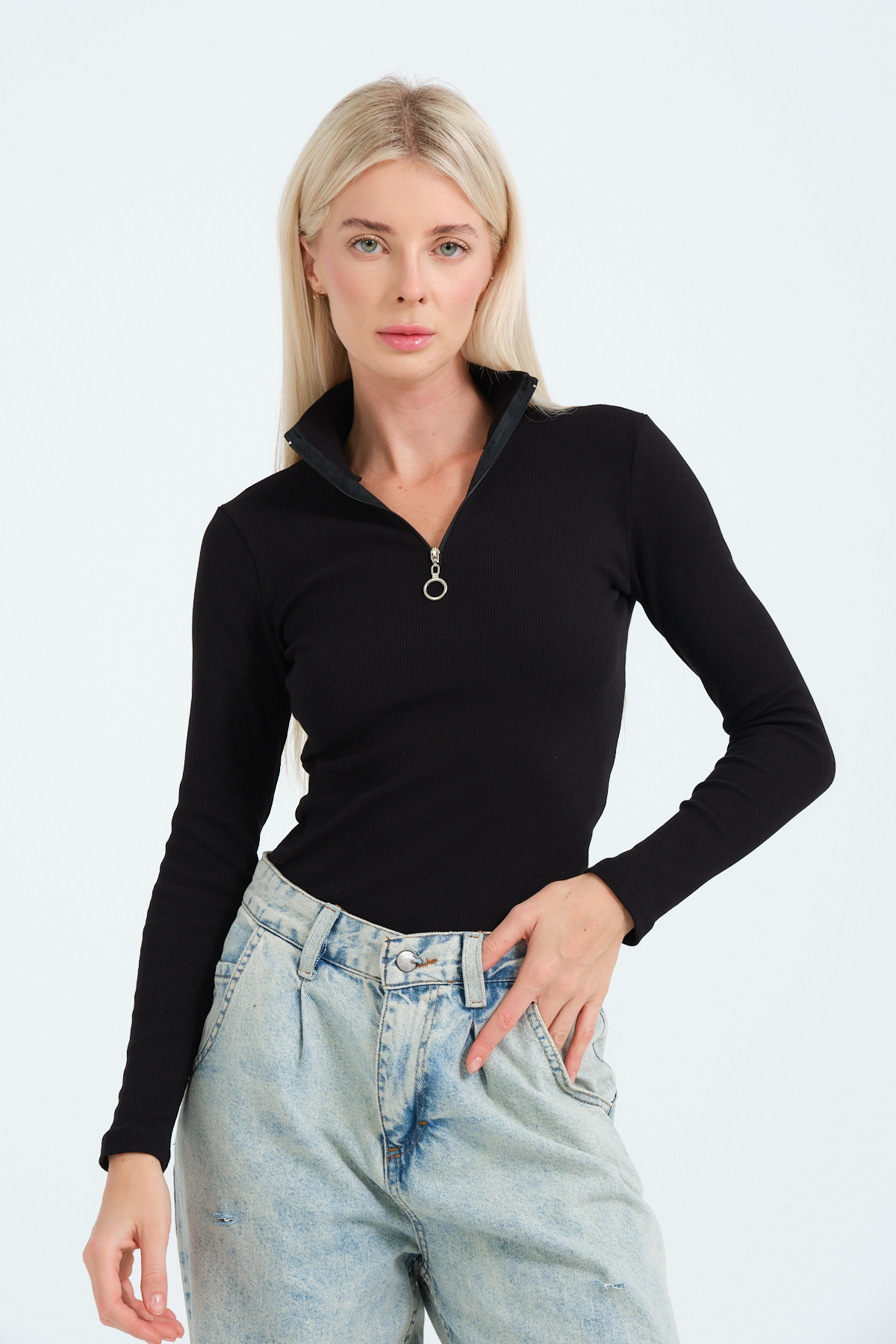 Kadın Lacivert Fermuarlı Yaka Uzun Kollu Örme Bluz