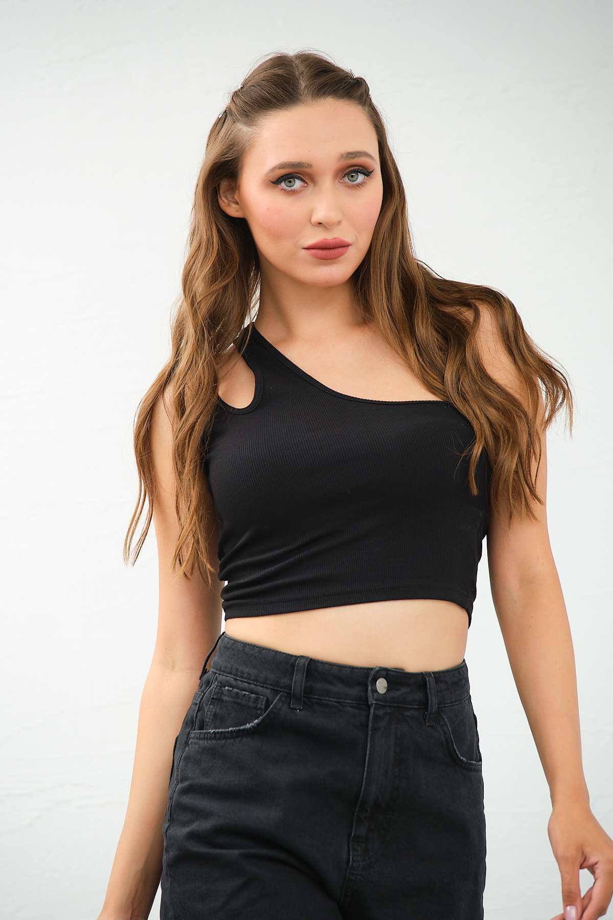 Kadın Lila Tek Omuz Cut Out Detaylı Crop Top Bluz