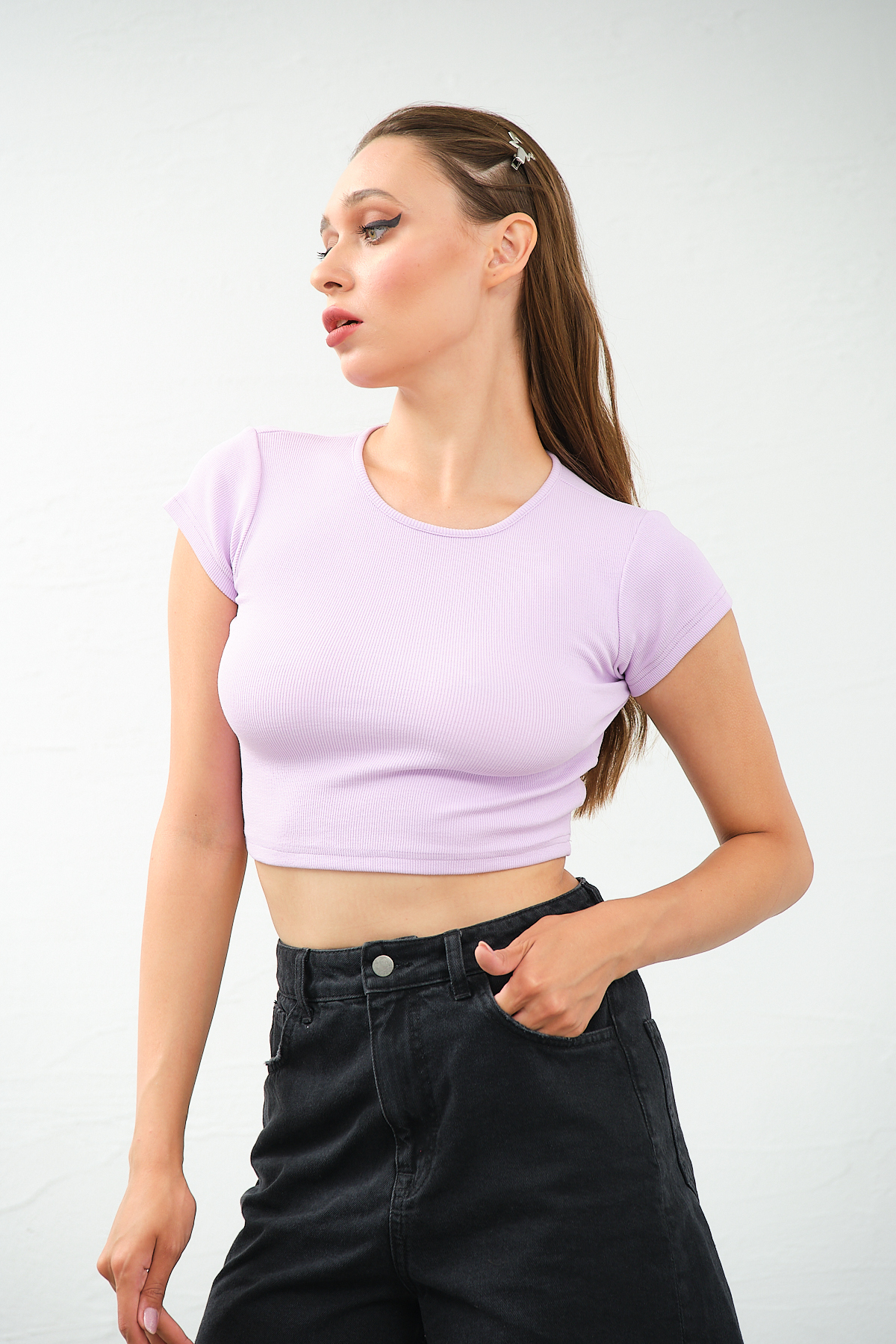 Kadın Lila Bisiklet Yaka Kısa Kollu Crop Top Sırt Dekolteli Bluz