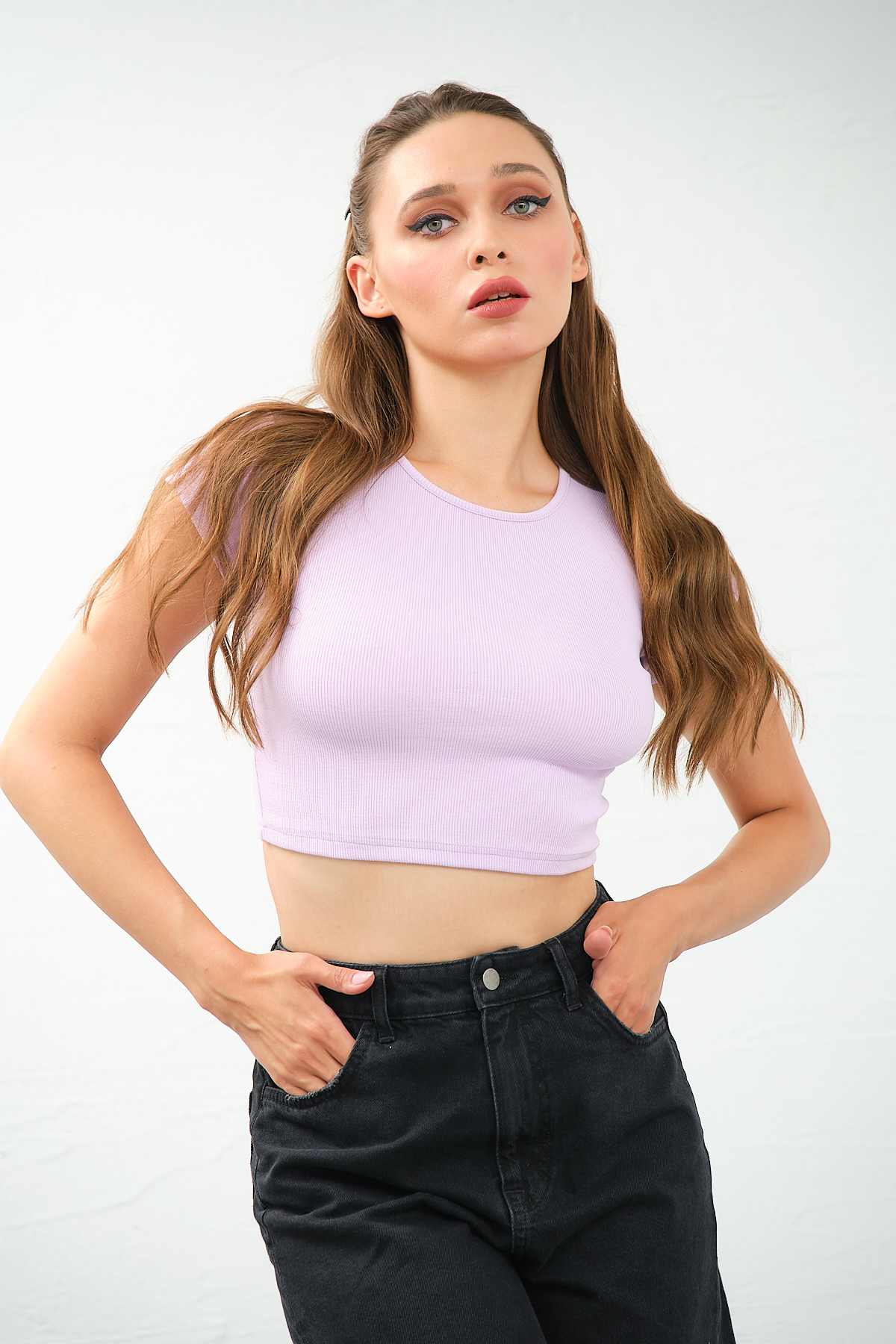 Kadın Lila Bisiklet Yaka Kısa Kollu Crop Top Sırt Dekolteli Bluz