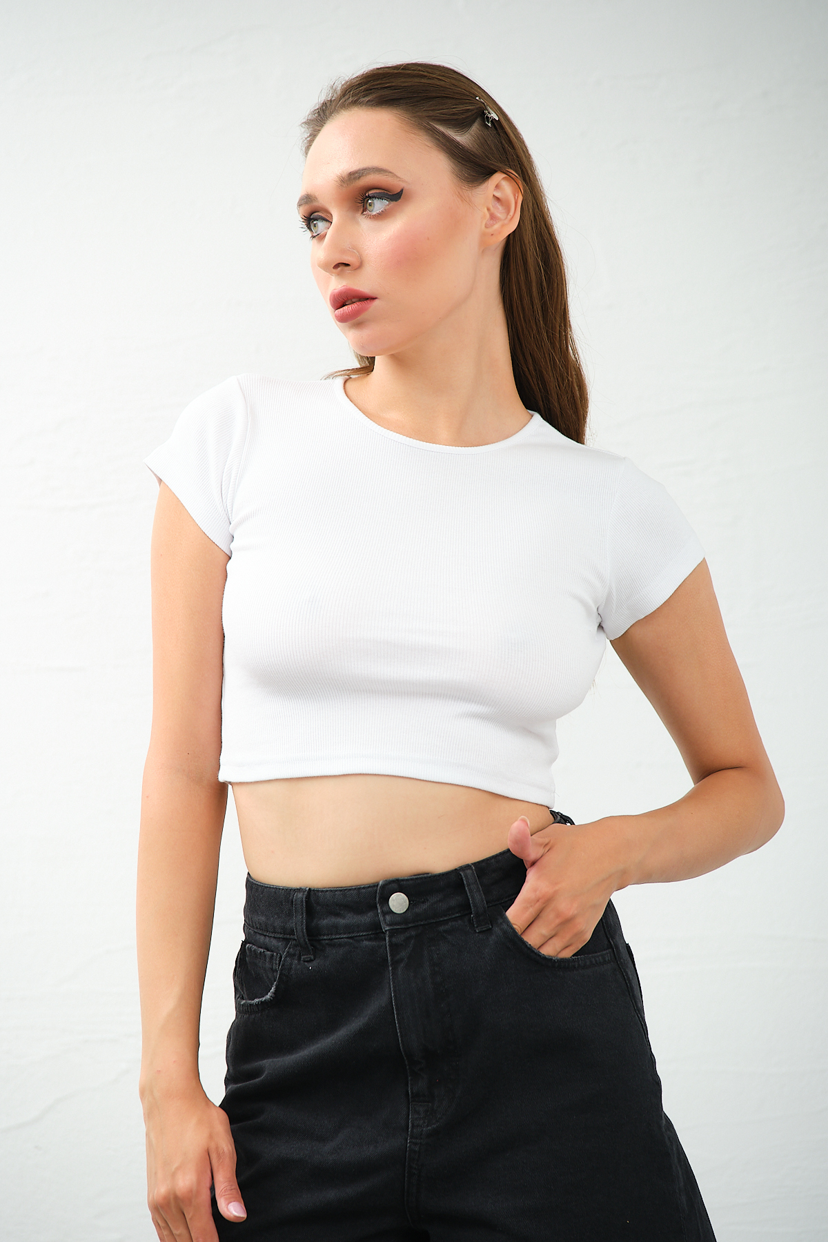 Kadın Lila Bisiklet Yaka Kısa Kollu Crop Top Sırt Dekolteli Bluz
