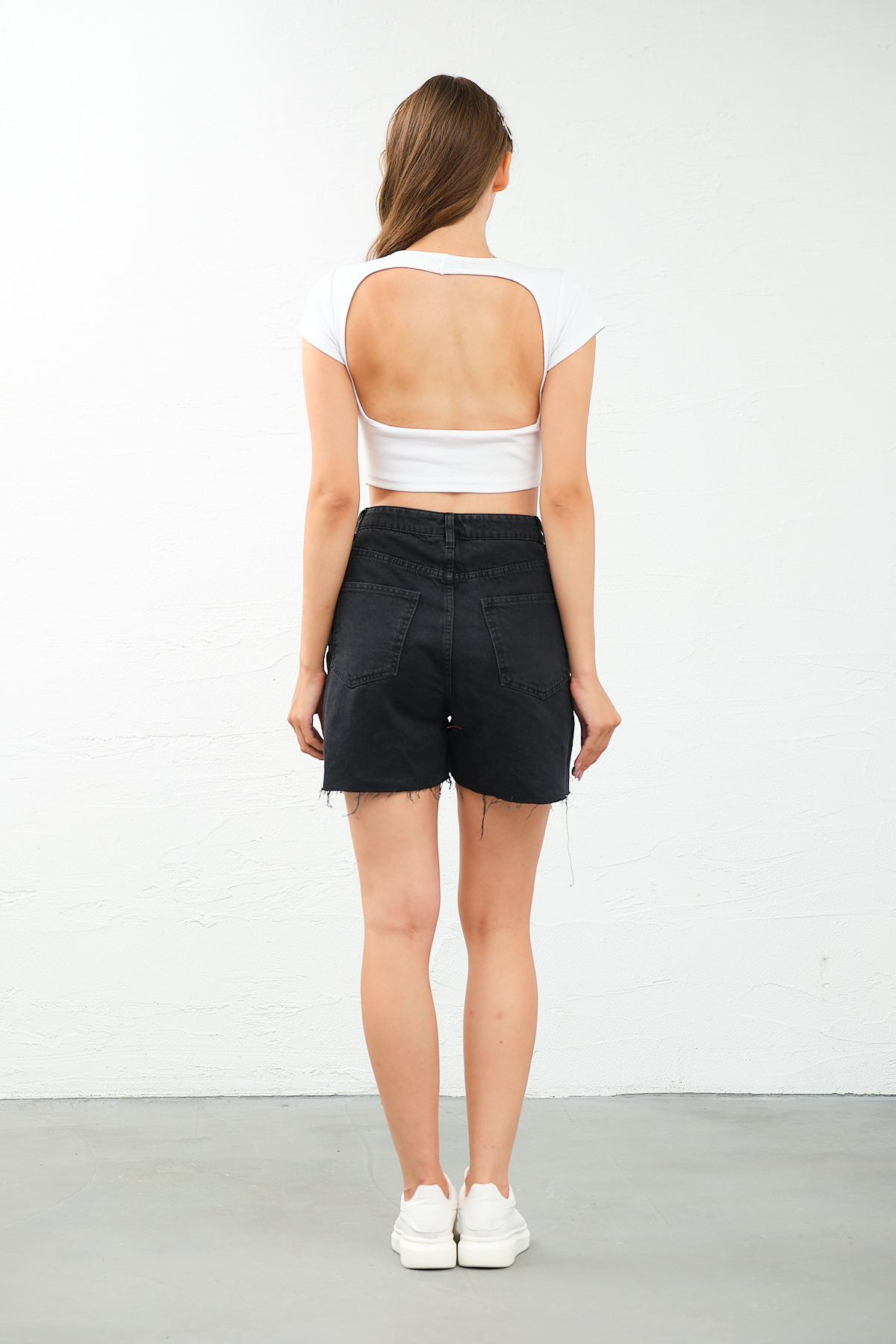 Kadın Lila Bisiklet Yaka Kısa Kollu Crop Top Sırt Dekolteli Bluz