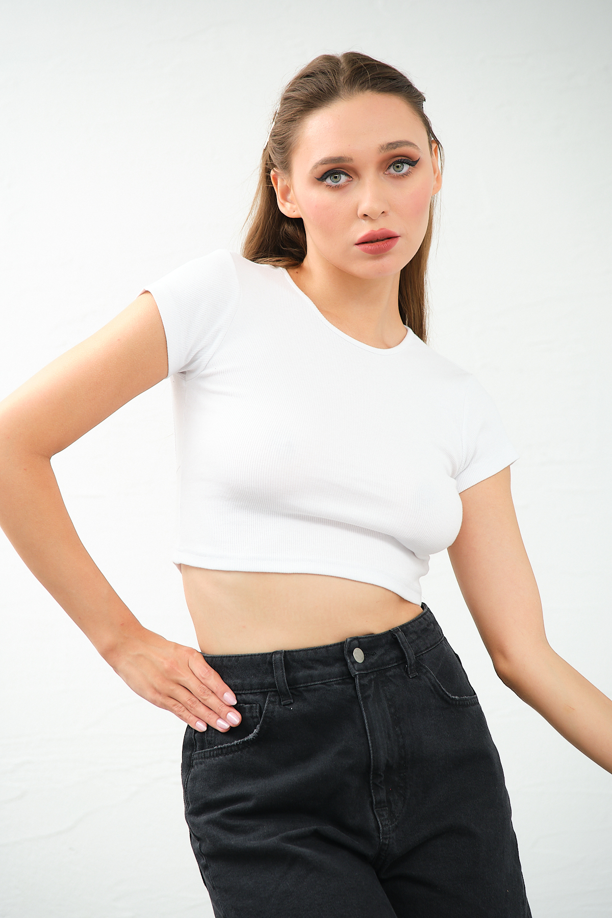 Kadın Lila Bisiklet Yaka Kısa Kollu Crop Top Sırt Dekolteli Bluz