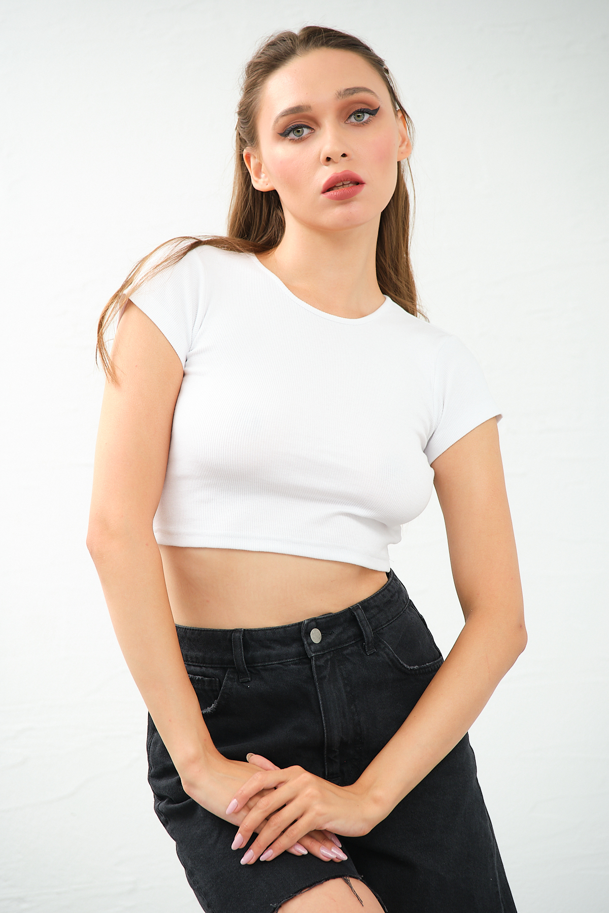 Kadın Lila Bisiklet Yaka Kısa Kollu Crop Top Sırt Dekolteli Bluz
