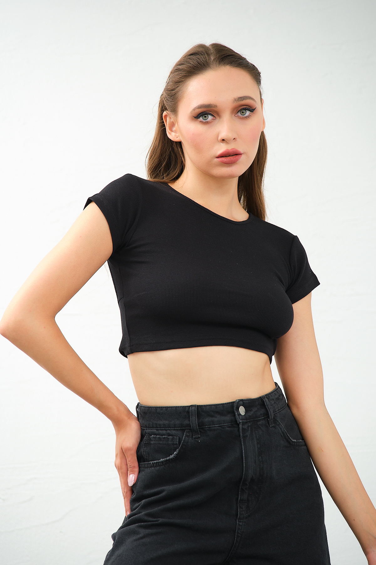 Kadın Lila Bisiklet Yaka Kısa Kollu Crop Top Sırt Dekolteli Bluz