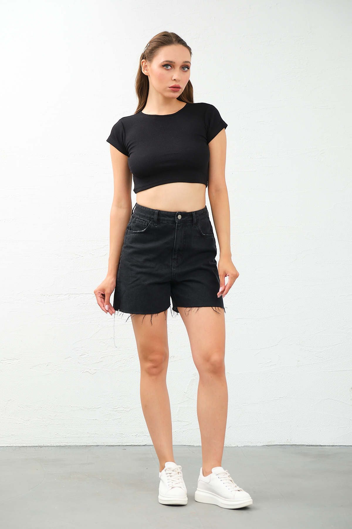 Kadın Lila Bisiklet Yaka Kısa Kollu Crop Top Sırt Dekolteli Bluz