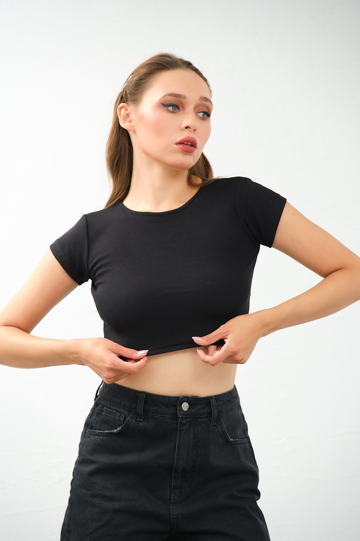 Kadın Lila Bisiklet Yaka Kısa Kollu Crop Top Sırt Dekolteli Bluz