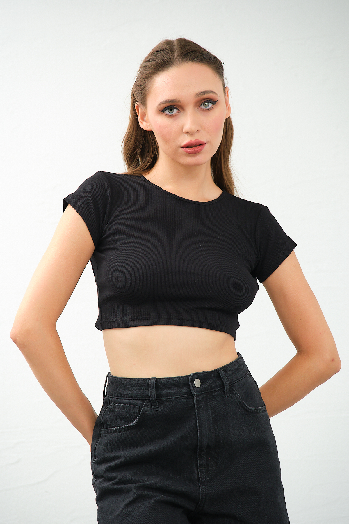 Kadın Lila Bisiklet Yaka Kısa Kollu Crop Top Sırt Dekolteli Bluz