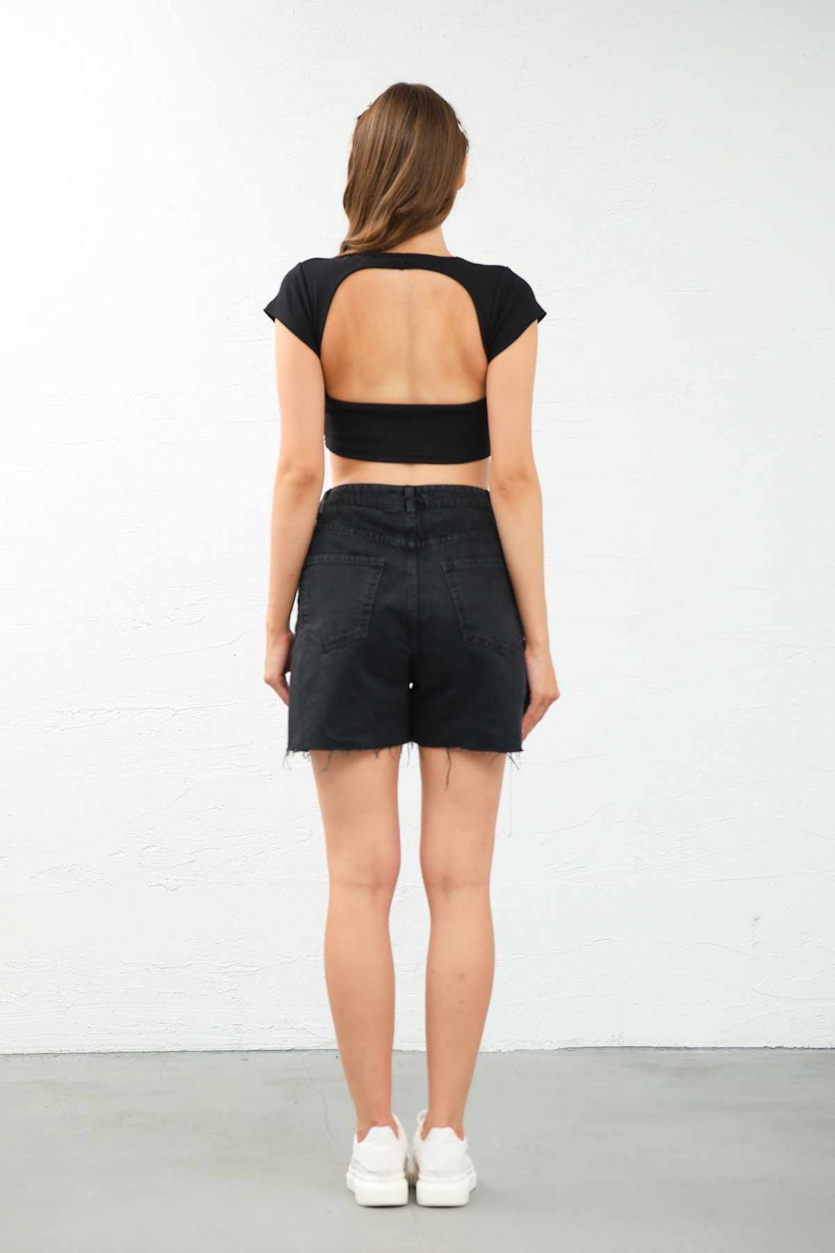 Kadın Lila Bisiklet Yaka Kısa Kollu Crop Top Sırt Dekolteli Bluz