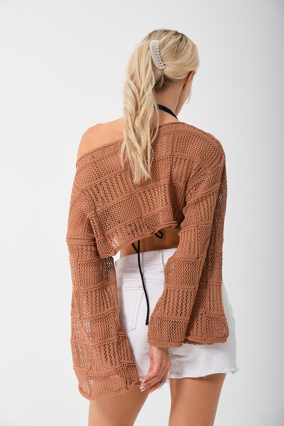 Kadın Fuşya İspanyol Kol Crop Triko Bluz