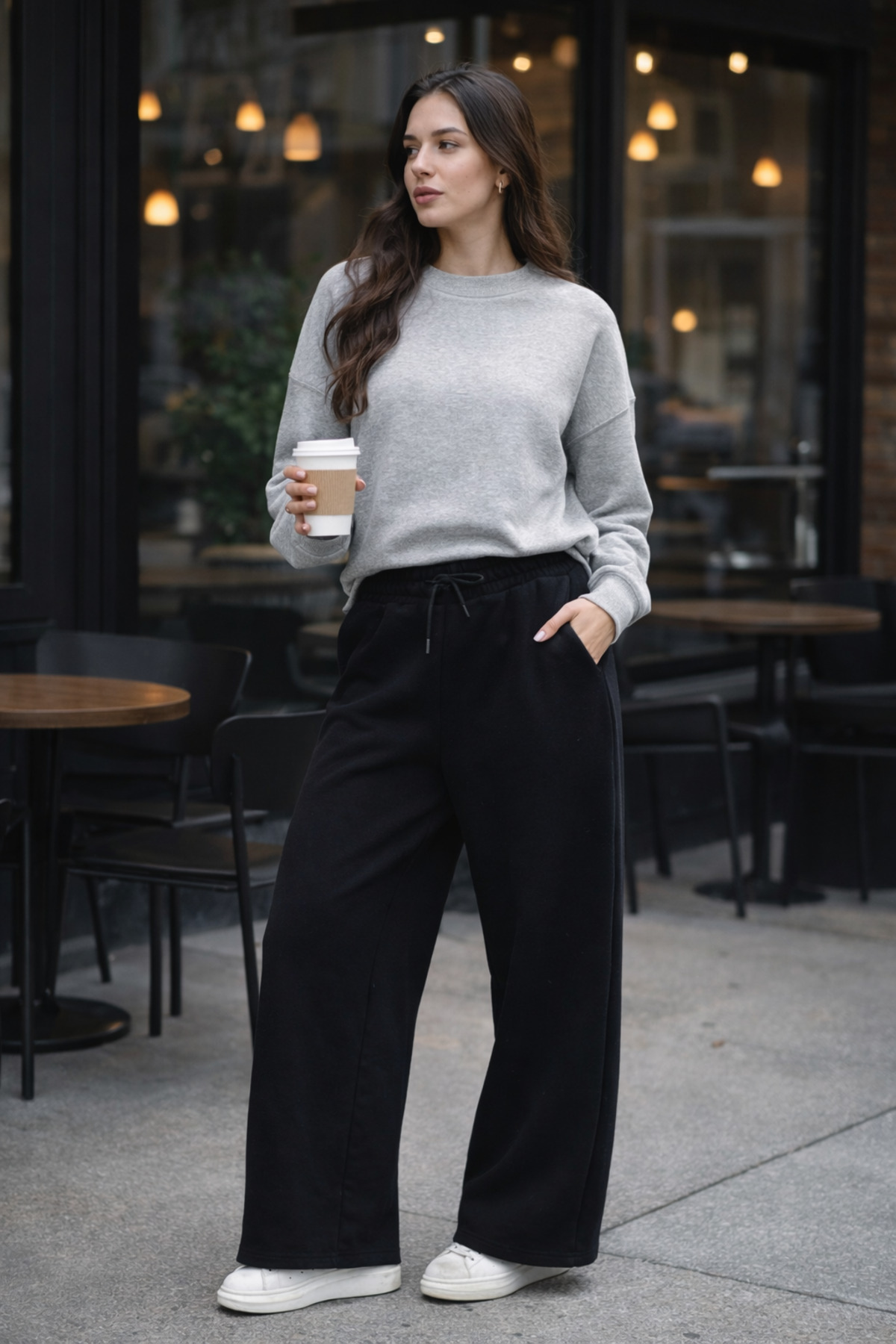 Kadın Gri Yüksek Bel Geniş Paça Cepli Eşofman Altı