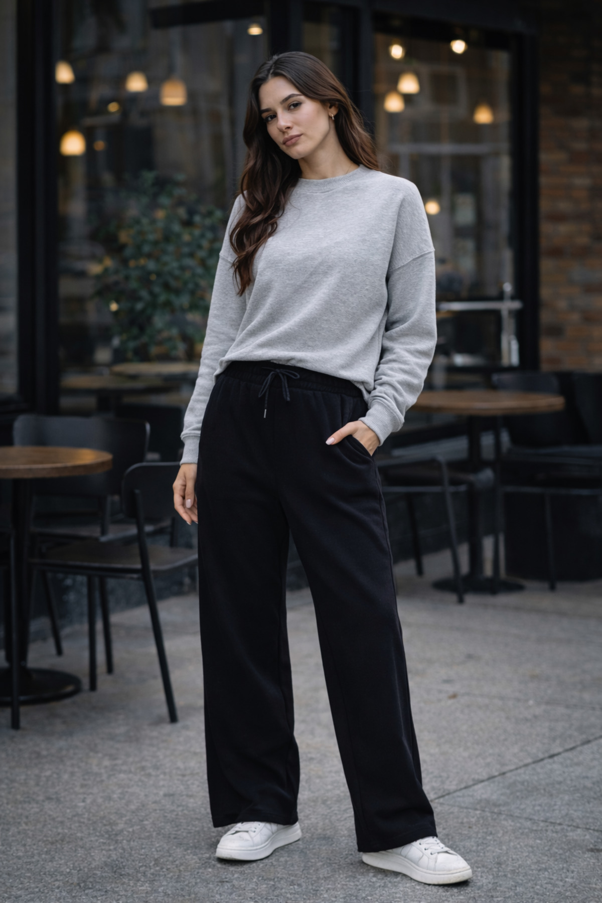 Kadın Gri Yüksek Bel Geniş Paça Cepli Eşofman Altı