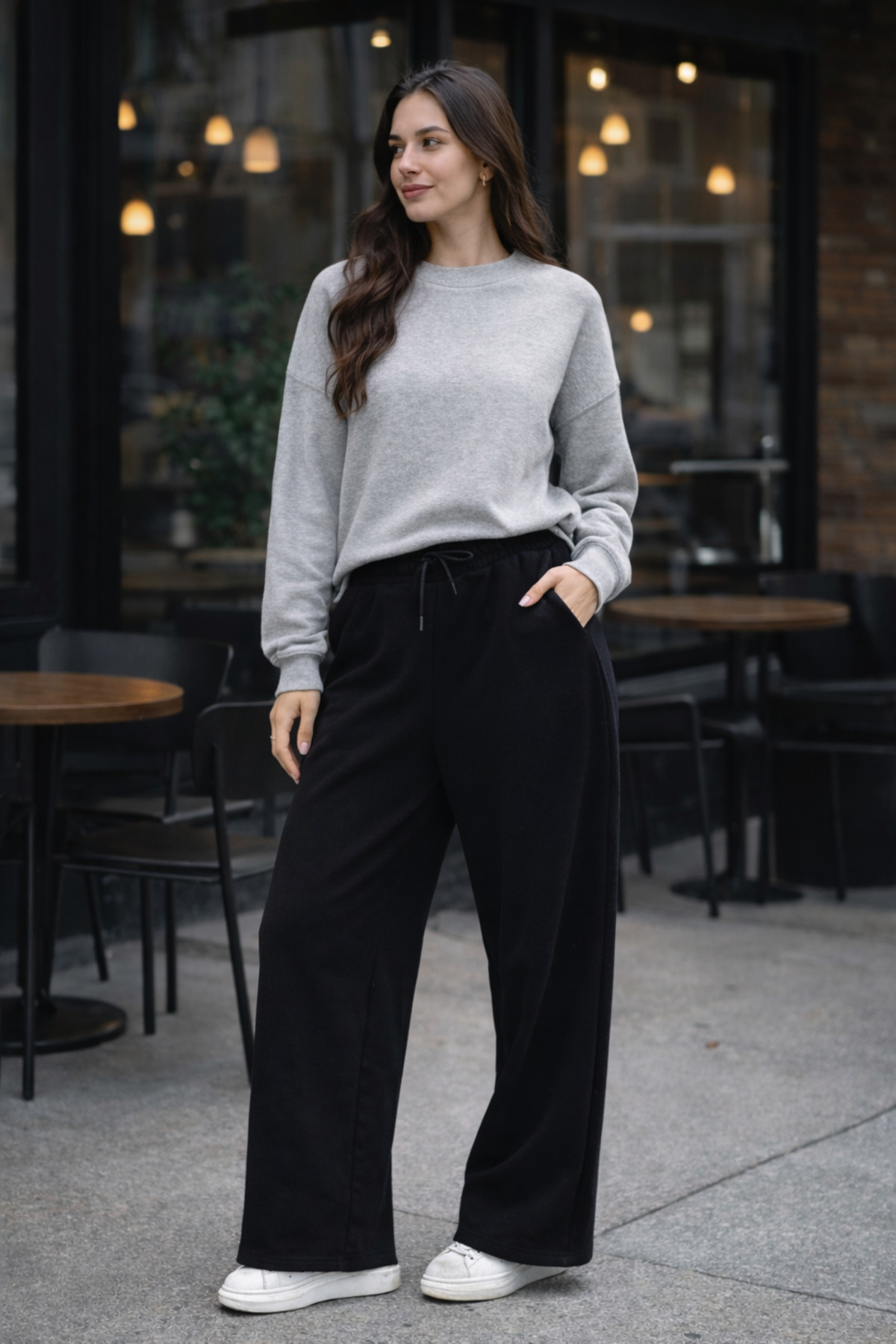 Kadın Gri Yüksek Bel Geniş Paça Cepli Eşofman Altı