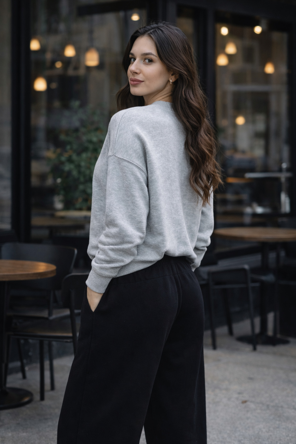 Kadın Gri Yüksek Bel Geniş Paça Cepli Eşofman Altı