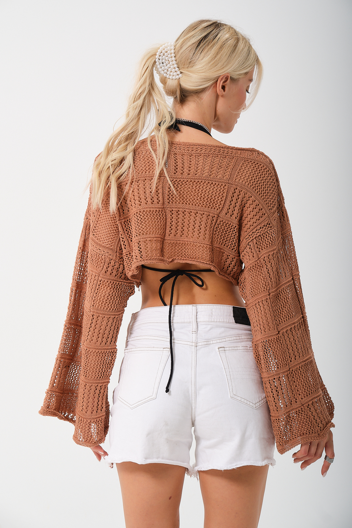 Kadın Fuşya İspanyol Kol Crop Triko Bluz