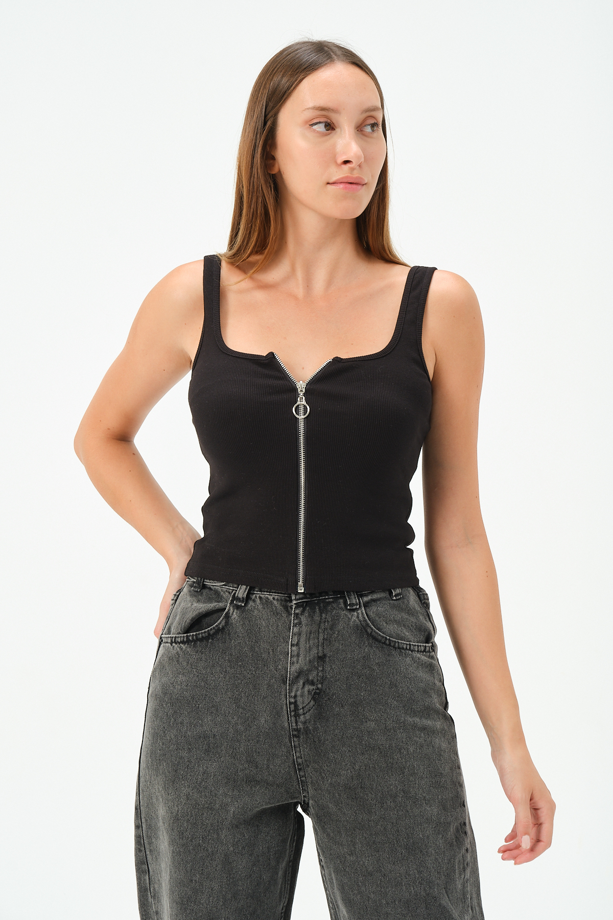 KADIN U YAKA KOLSUZ FERMUARLI BLUZ