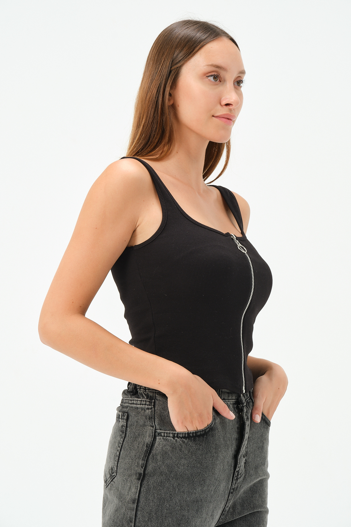 KADIN U YAKA KOLSUZ FERMUARLI BLUZ