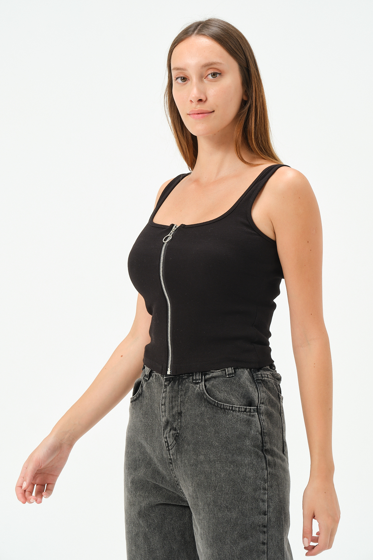 KADIN U YAKA KOLSUZ FERMUARLI BLUZ