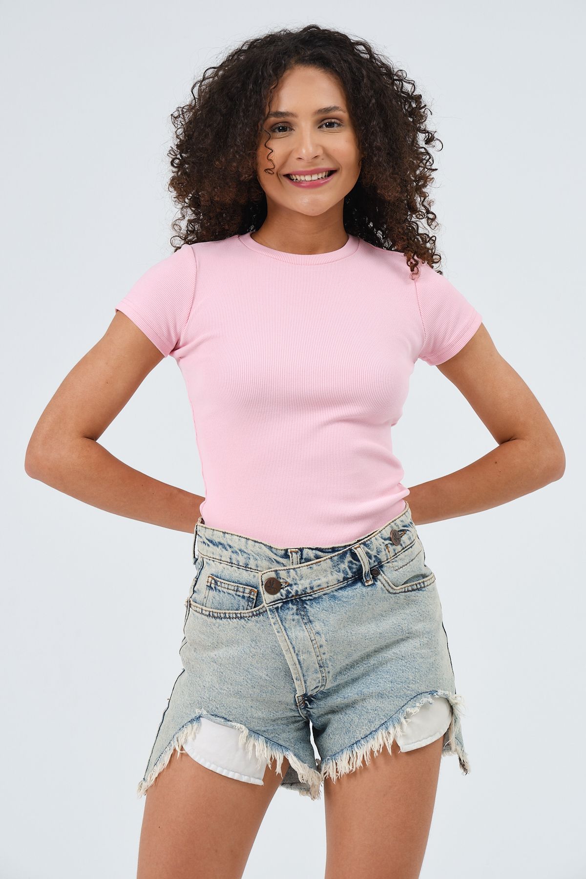 Kadın Pembe Kısa Kollu Basic Kaşkorse T-shirt